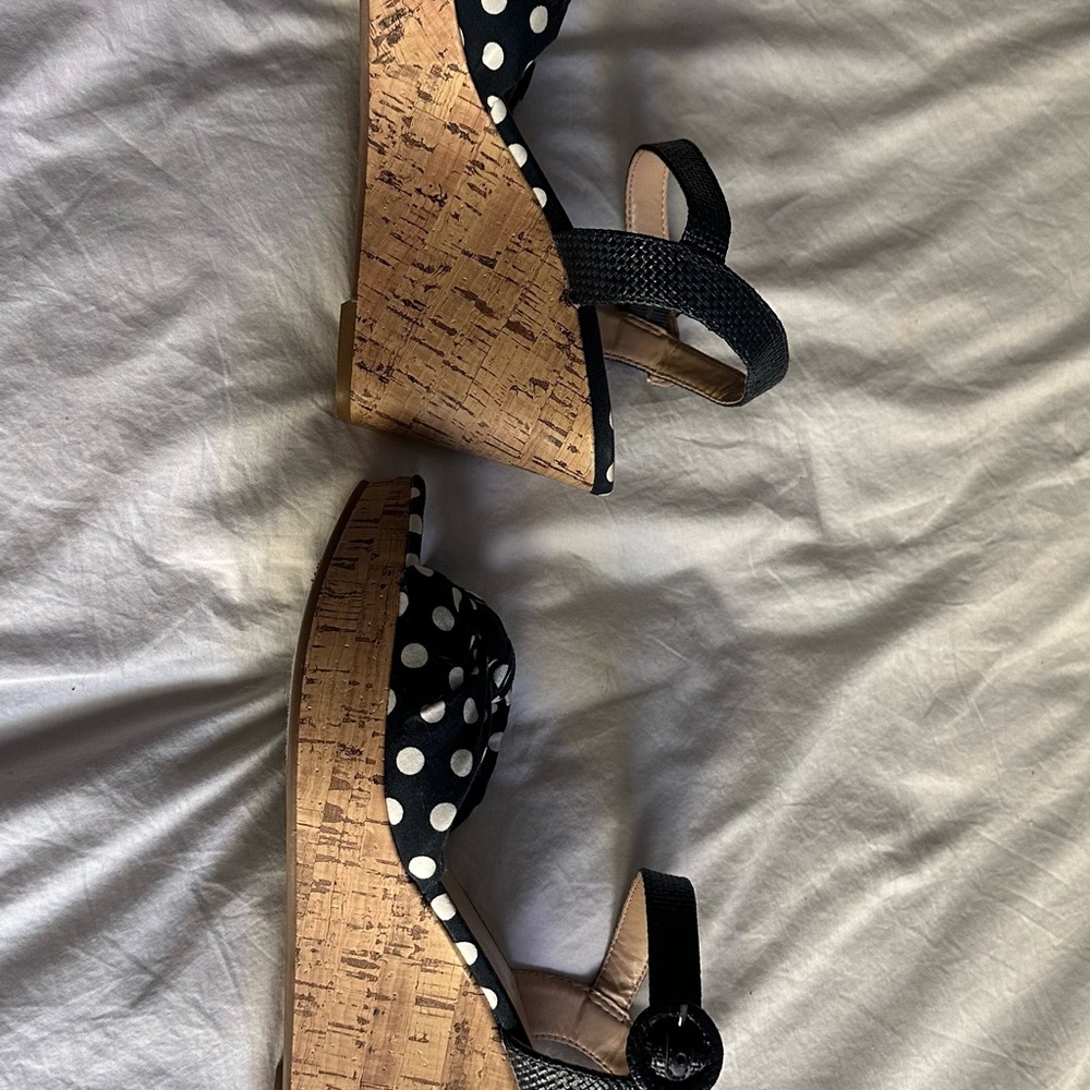 Blue and white polka dot cork platform sandals - Picture 4 of 7
